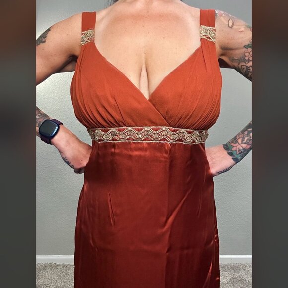 90s Vintage Bronze Silk Chiffon Halter Dress Art Deco Formal Maxi Retro 30s 10 - Picture 6 of 10